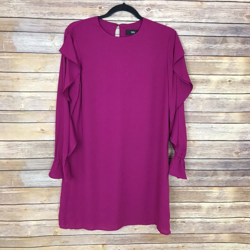 Mossimo Dress Womens XS Pink Ruffle Shift Long Sleeve Crew Neck Woven Solid